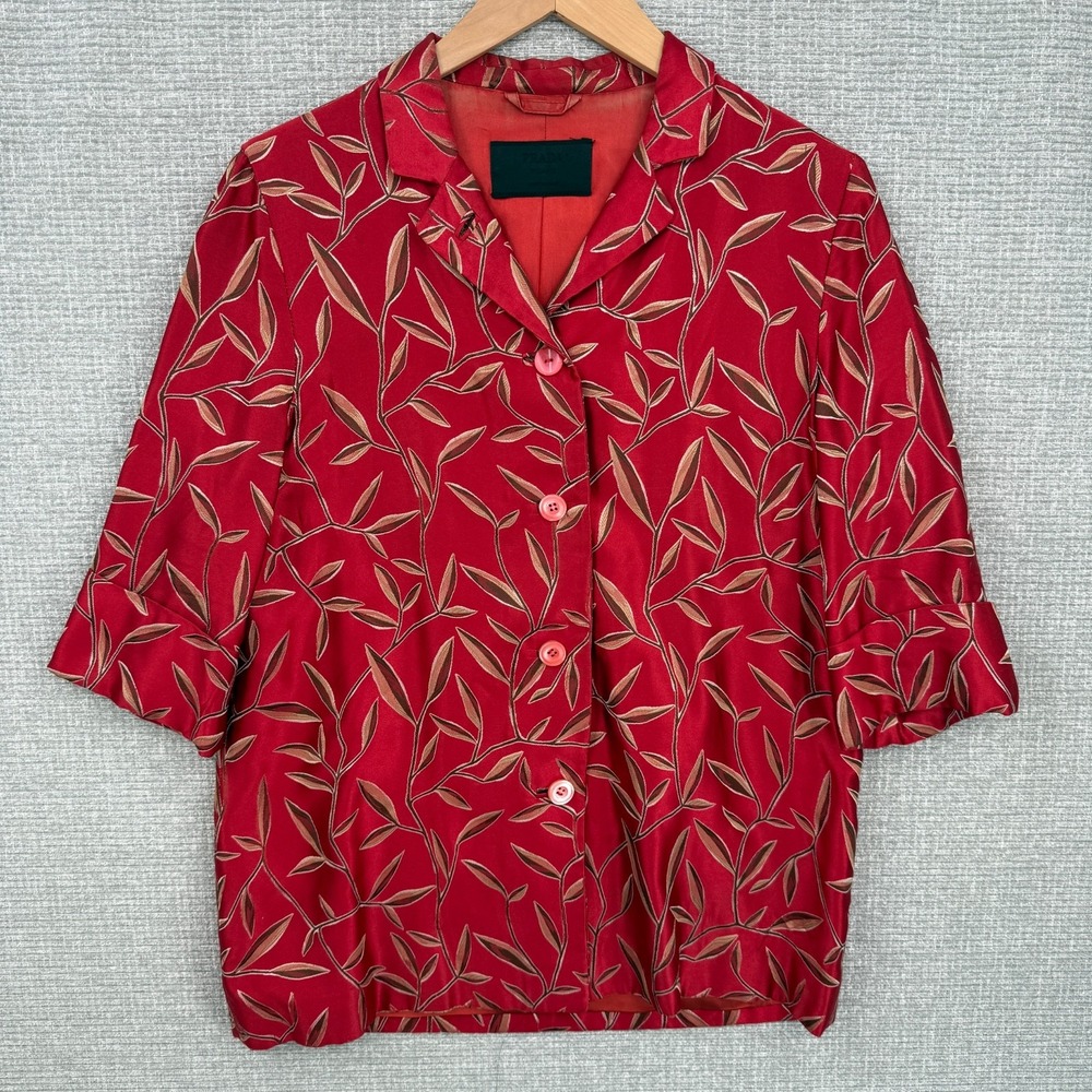 Prada Vintage Spring 1997 Red Silk Bamboo Leaf Print Jacket 46 XL Runway Archive